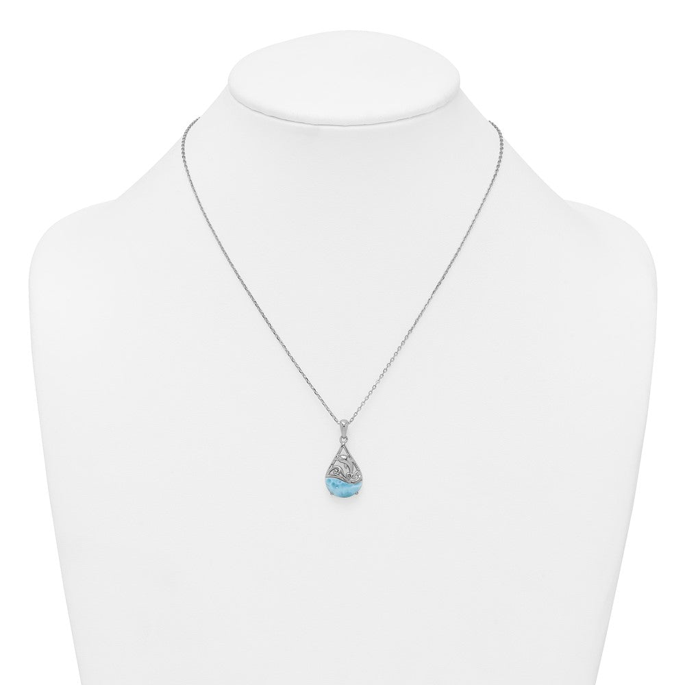 Sterling Silver RH-plated Larimar Dolphin Teardrop 16in w/2in Ext Necklace