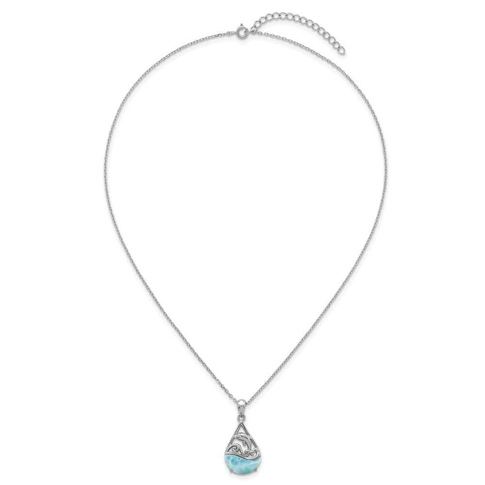 Sterling Silver RH-plated Larimar Dolphin Teardrop 16in w/2in Ext Necklace