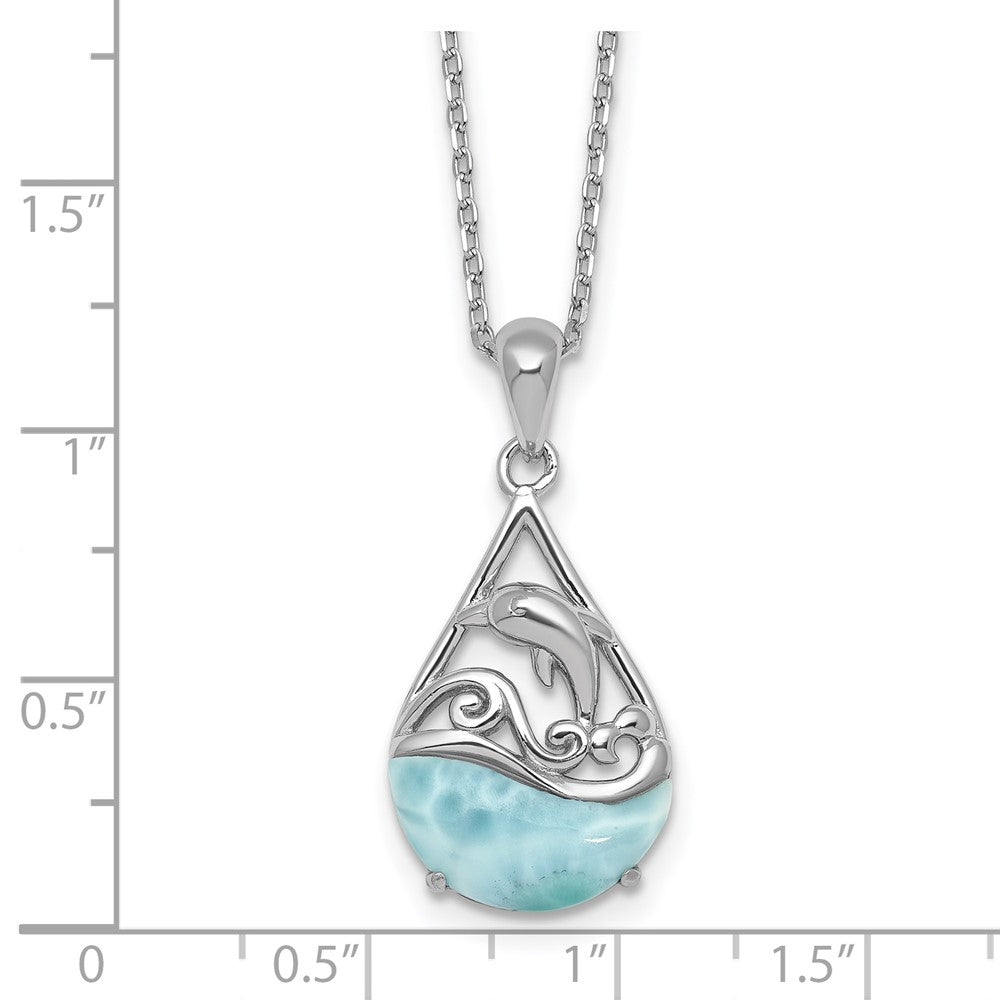 Sterling Silver RH-plated Larimar Dolphin Teardrop 16in w/2in Ext Necklace