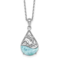 Sterling Silver RH-plated Larimar Dolphin Teardrop 16in w/2in Ext Necklace