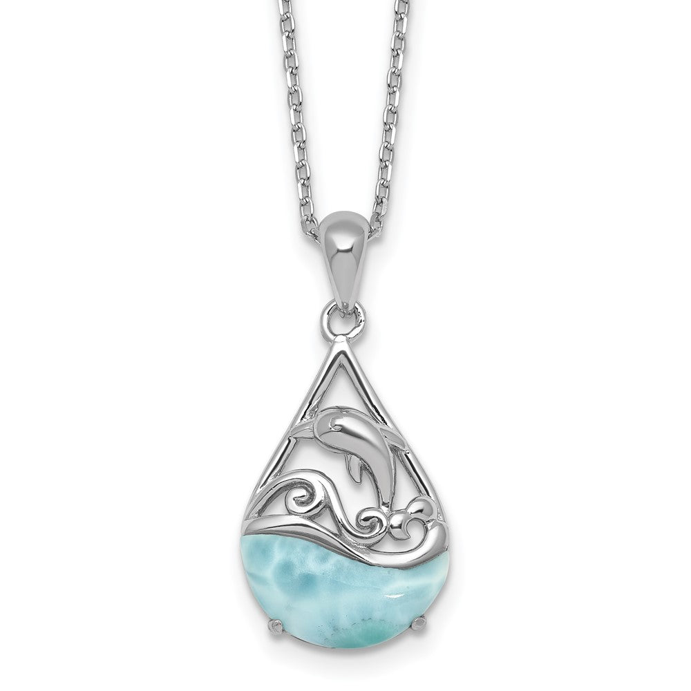 Sterling Silver RH-plated Larimar Dolphin Teardrop 16in w/2in Ext Necklace
