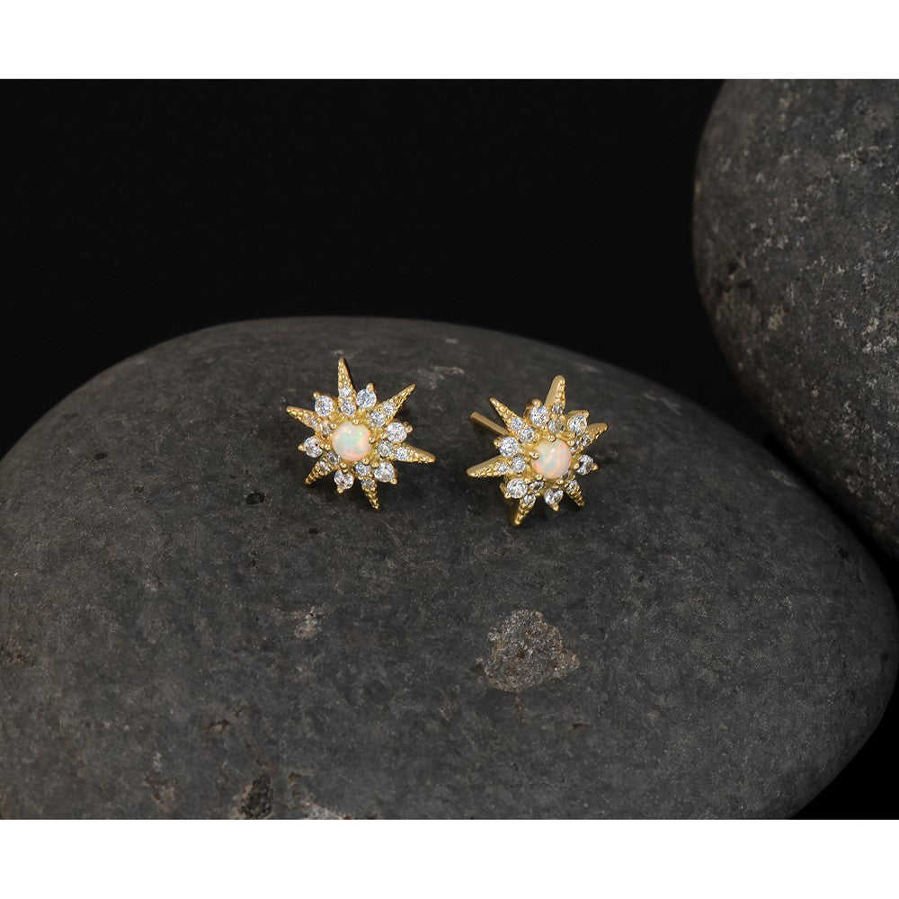 Sterling Silver Gold-plated Polished Created Opal and CZ Star Post Earrings