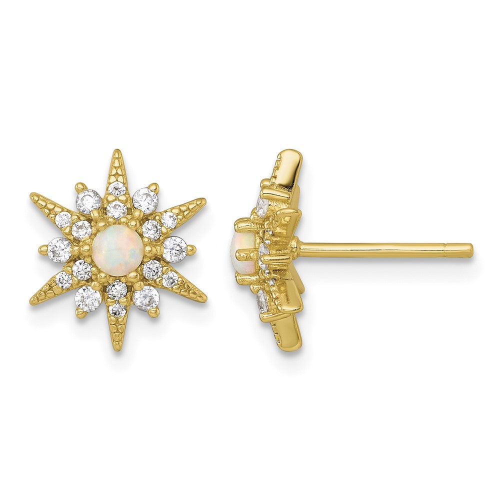 Sterling Silver Gold-plated Polished Created Opal and CZ Star Post Earrings