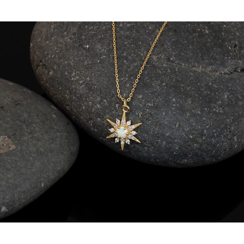 Sterling Silver Gold-plated Created Opal and CZ Star 16in w/2in Ext Necklac