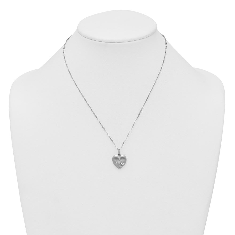 Sterling Silver Rhodium-plated Brushed CZ Heart 17.5in Necklace