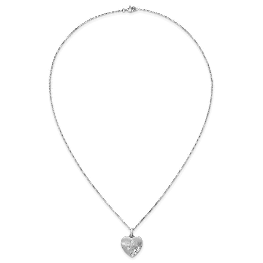 Sterling Silver Rhodium-plated Brushed CZ Heart 17.5in Necklace