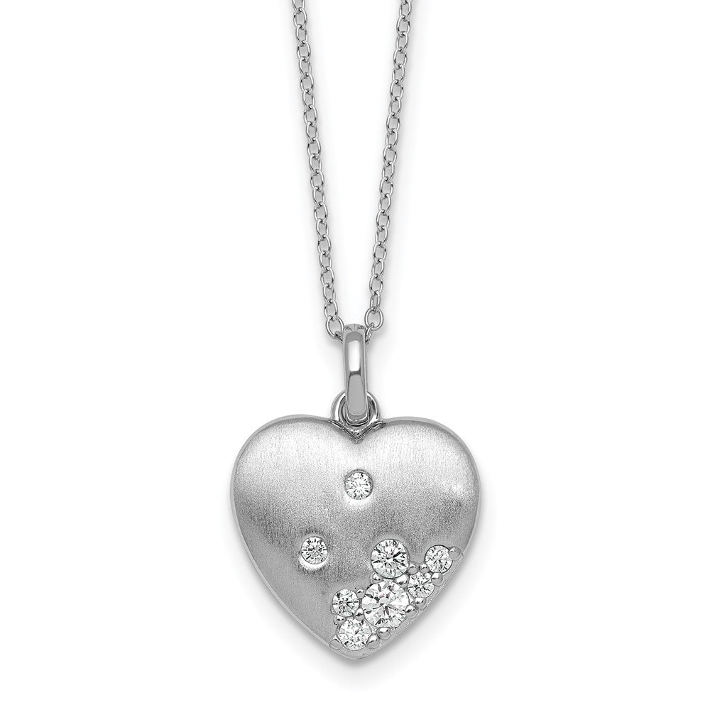 Sterling Silver Rhodium-plated Brushed CZ Heart 17.5in Necklace