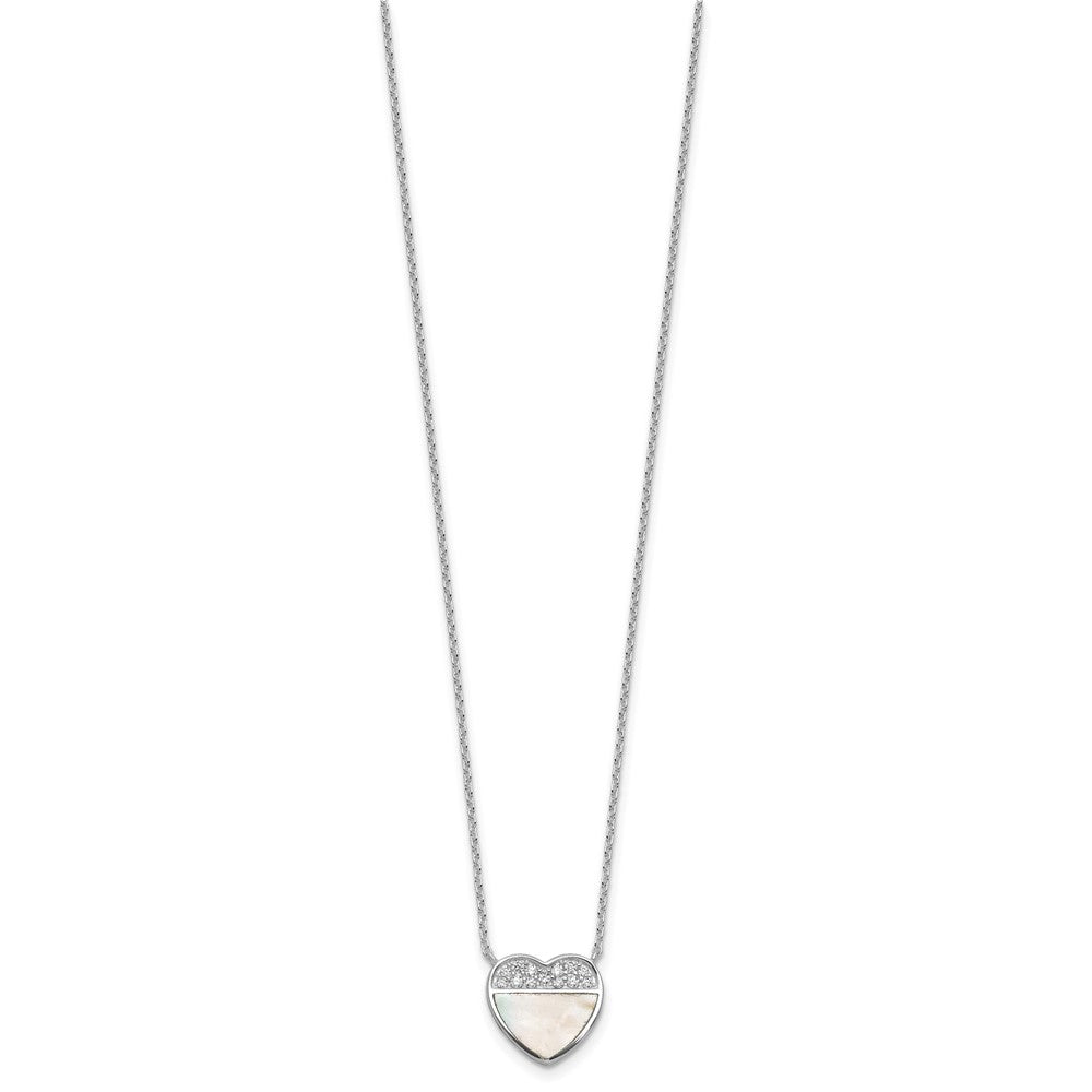 SS RH-pltd Polished Mother of Pearl CZ Heart 16in w/2in Ext Necklace