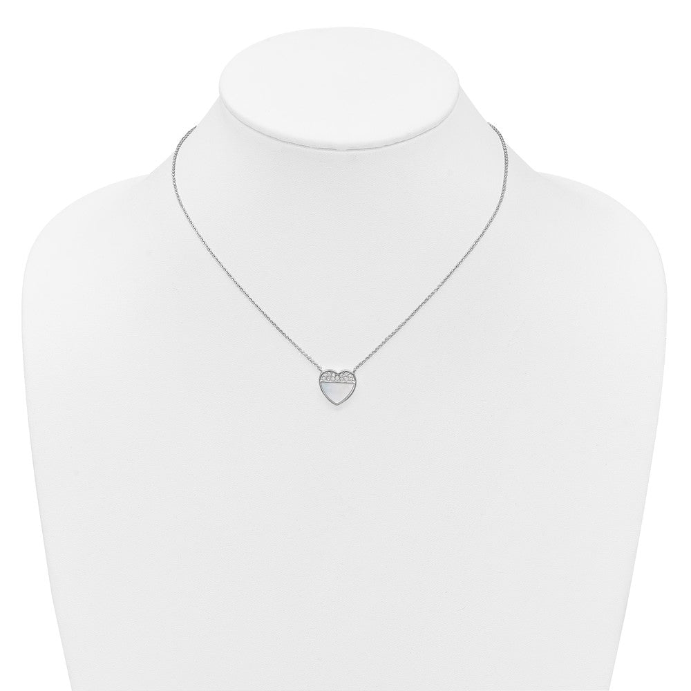 SS RH-pltd Polished Mother of Pearl CZ Heart 16in w/2in Ext Necklace
