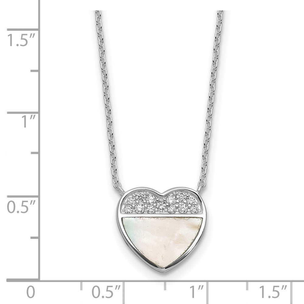 SS RH-pltd Polished Mother of Pearl CZ Heart 16in w/2in Ext Necklace