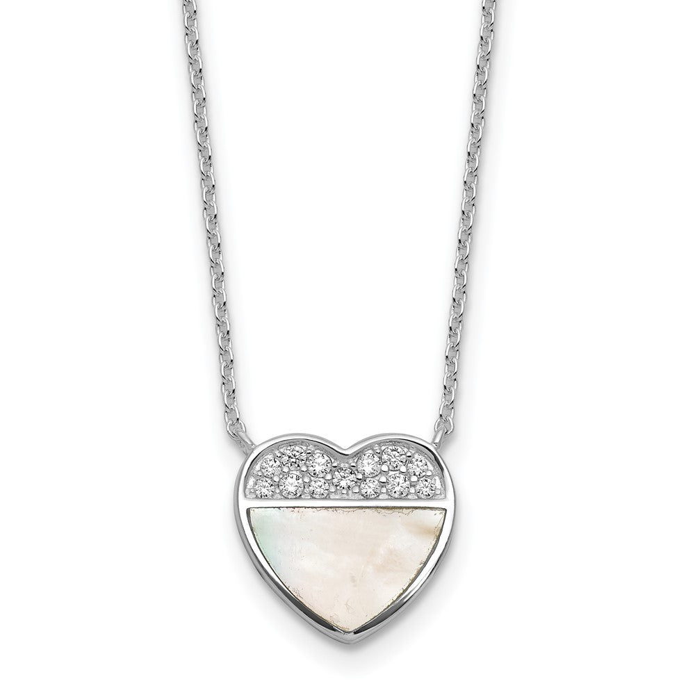 SS RH-pltd Polished Mother of Pearl CZ Heart 16in w/2in Ext Necklace