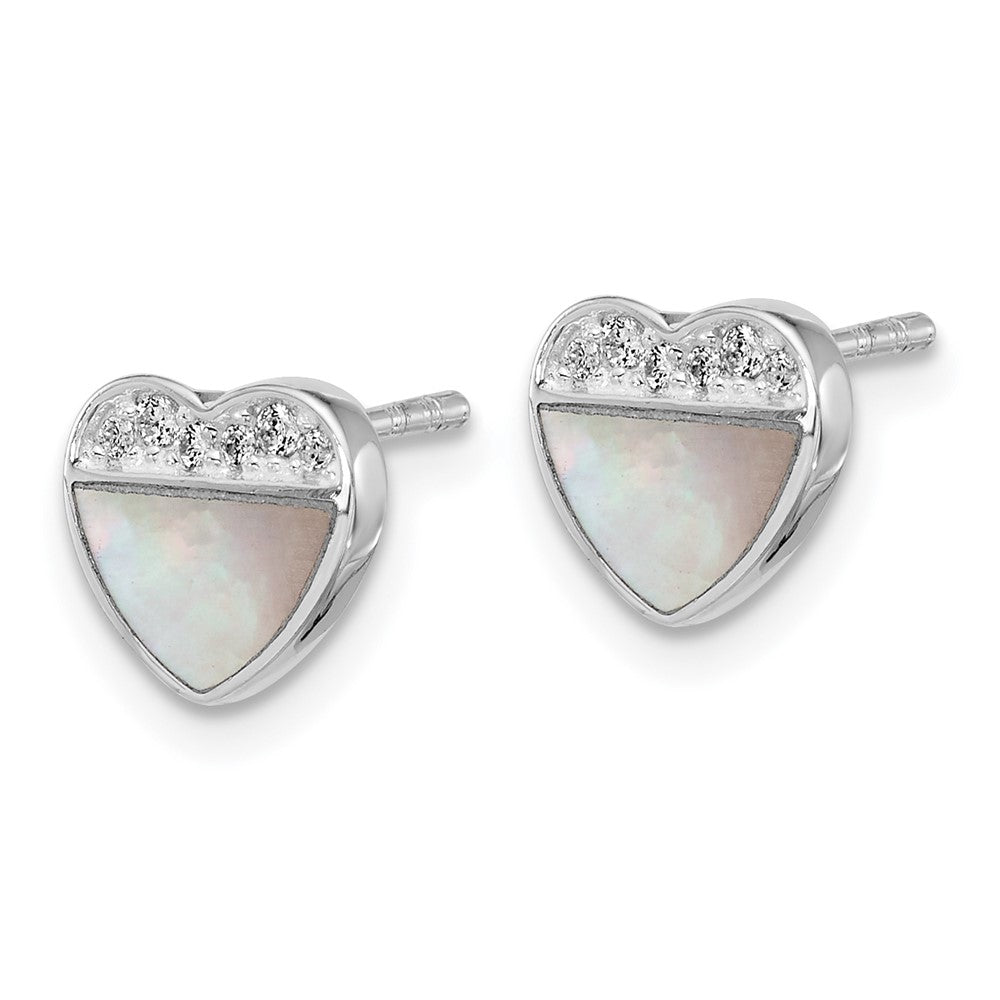 Sterling Silver RH-pl Polished CZ Mother of Pearl Heart Post Earrings