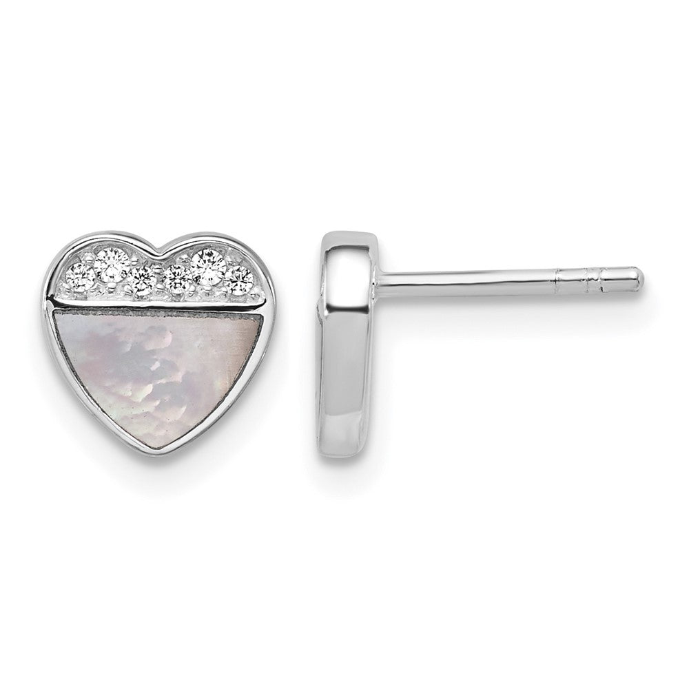 Sterling Silver RH-pl Polished CZ Mother of Pearl Heart Post Earrings