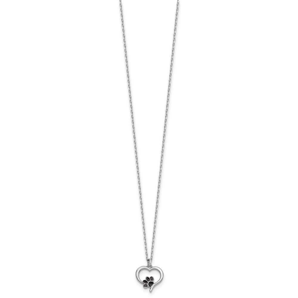 Sterling Silver Rhod-plat Heart Enamel Paw Print 16in w/1.5in Ext Necklace