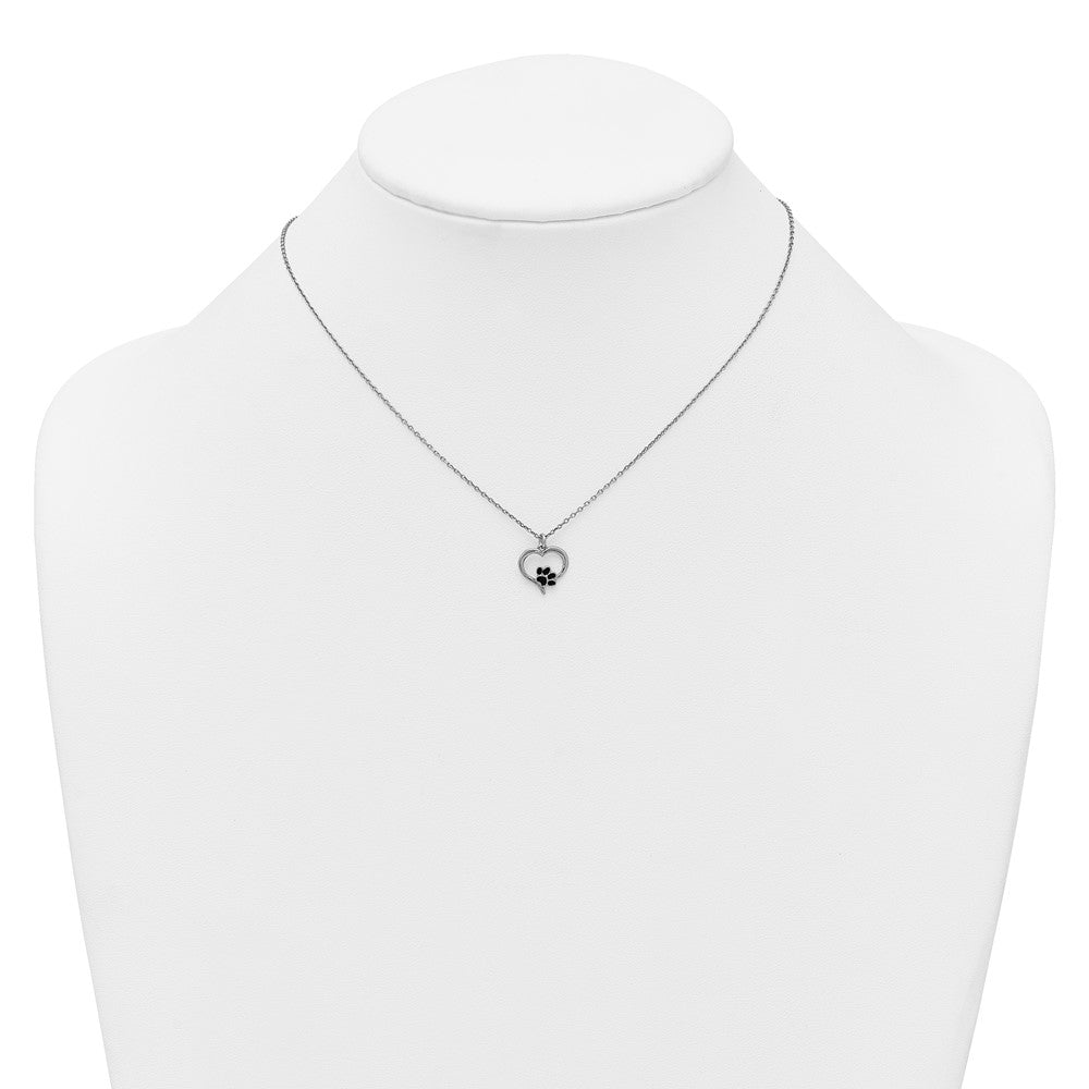 Sterling Silver Rhod-plat Heart Enamel Paw Print 16in w/1.5in Ext Necklace