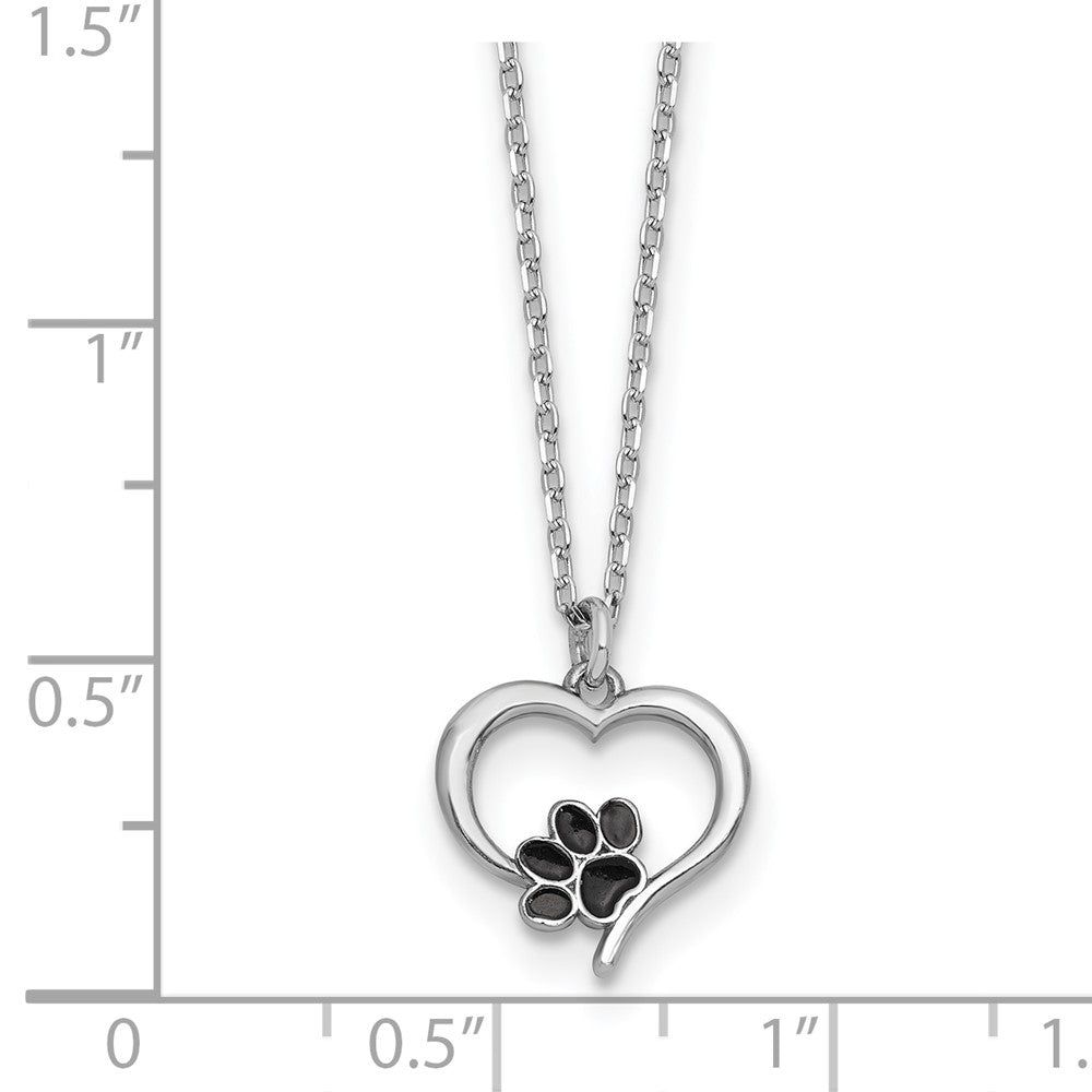 Sterling Silver Rhod-plat Heart Enamel Paw Print 16in w/1.5in Ext Necklace