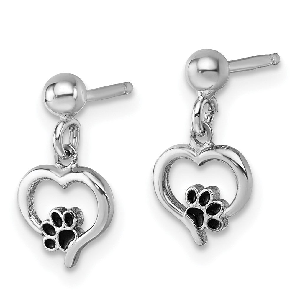 Sterling Silver Rhodium-plat Heart Enamel Paw Print Post Dangle Earrings