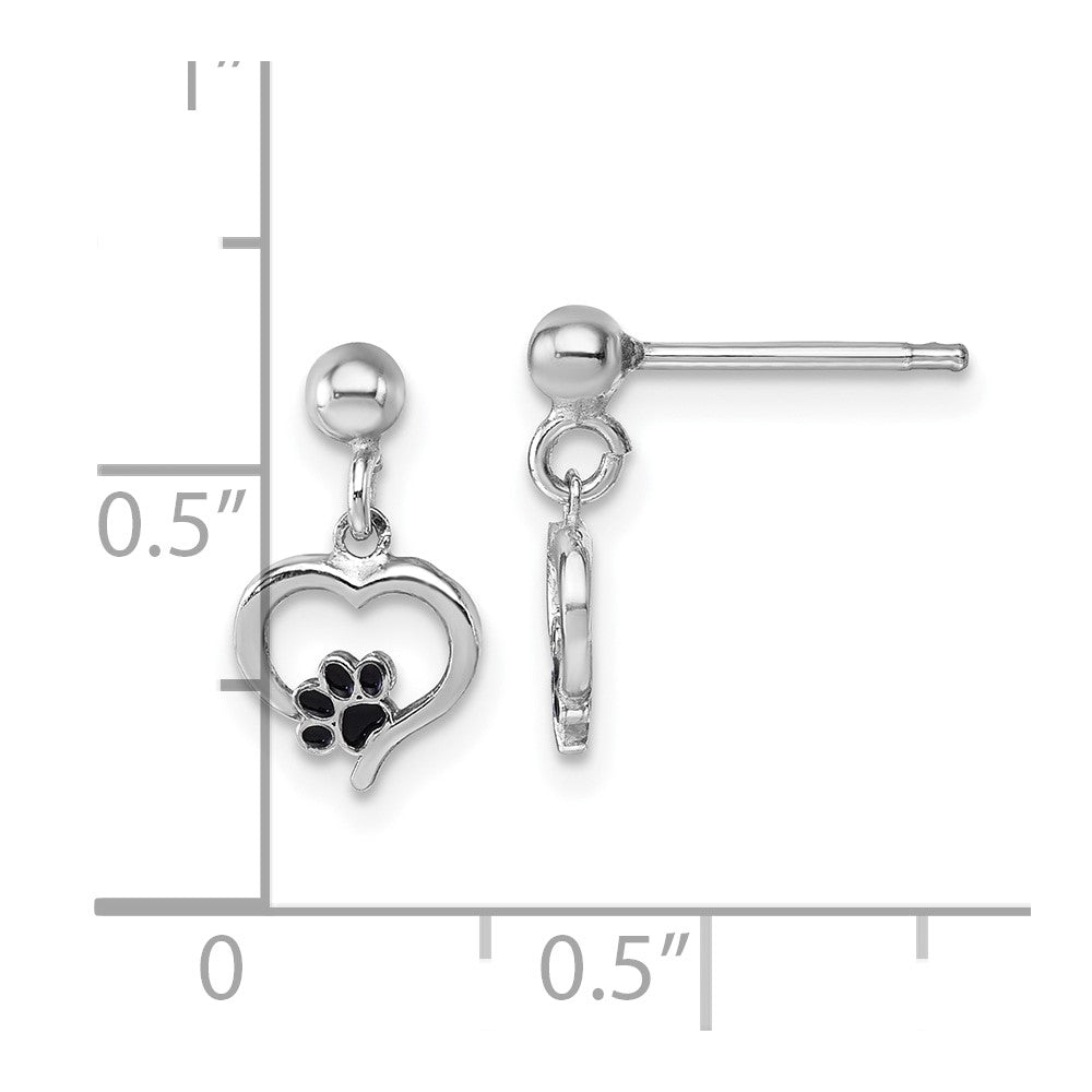 Sterling Silver Rhodium-plat Heart Enamel Paw Print Post Dangle Earrings