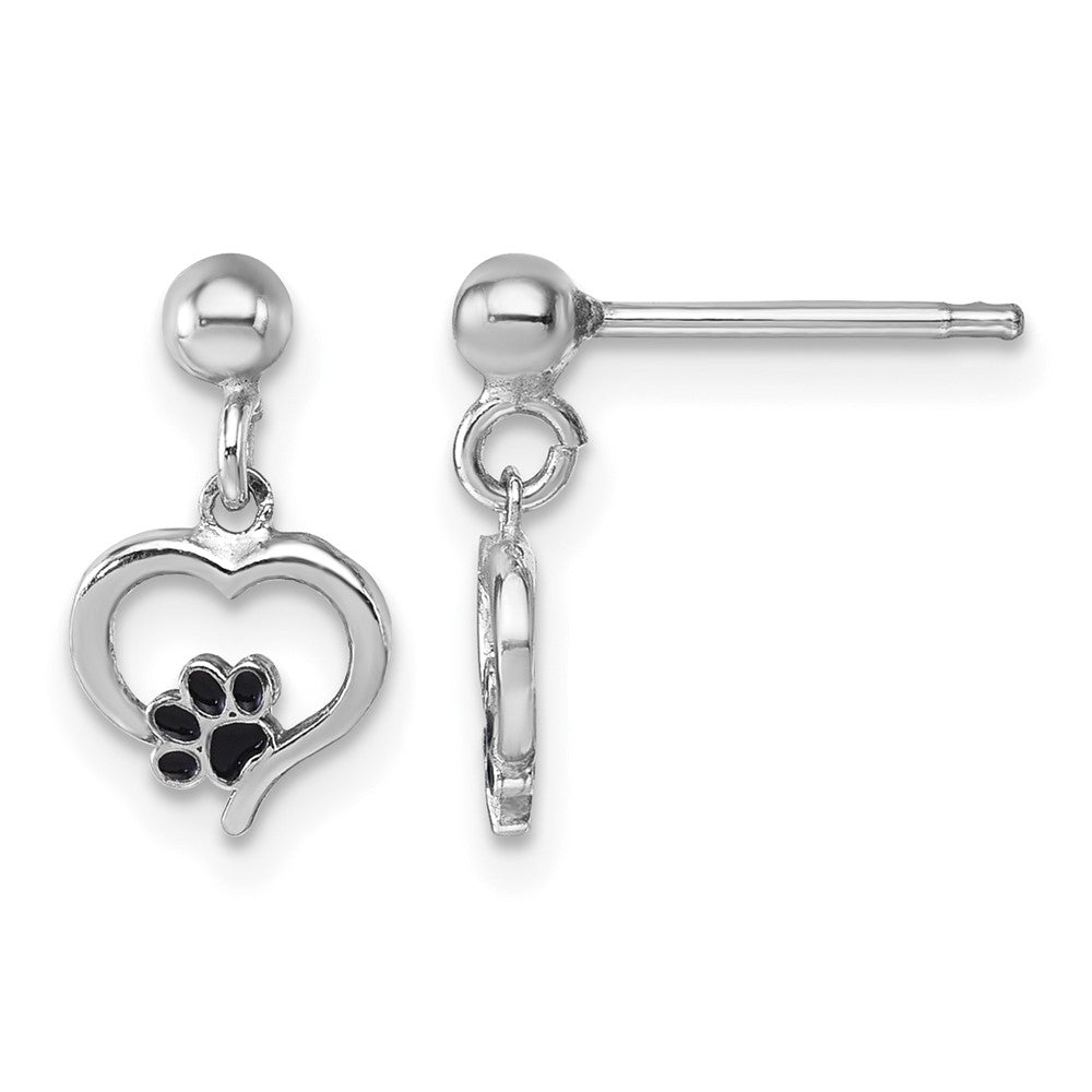 Sterling Silver Rhodium-plat Heart Enamel Paw Print Post Dangle Earrings