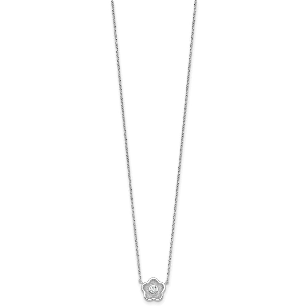 Sterling Silver RH-pltd Polished Textured CZ Flower 18 Inch Necklace