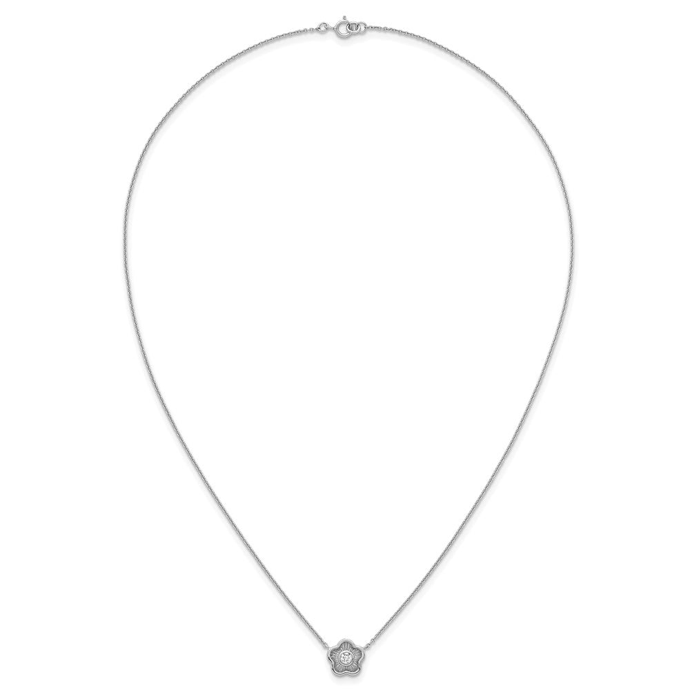 Sterling Silver RH-pltd Polished Textured CZ Flower 18 Inch Necklace