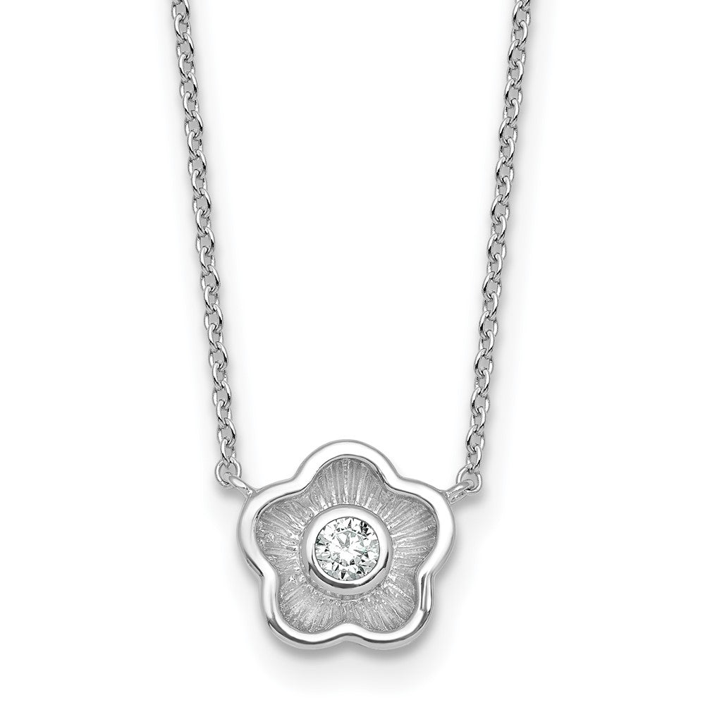 Sterling Silver RH-pltd Polished Textured CZ Flower 18 Inch Necklace