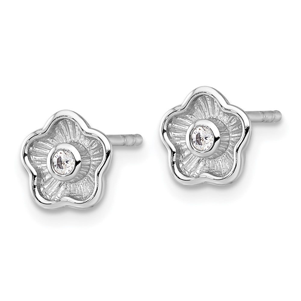 Sterling Silver RH-plated Polished Textured CZ Flower Post Earrings