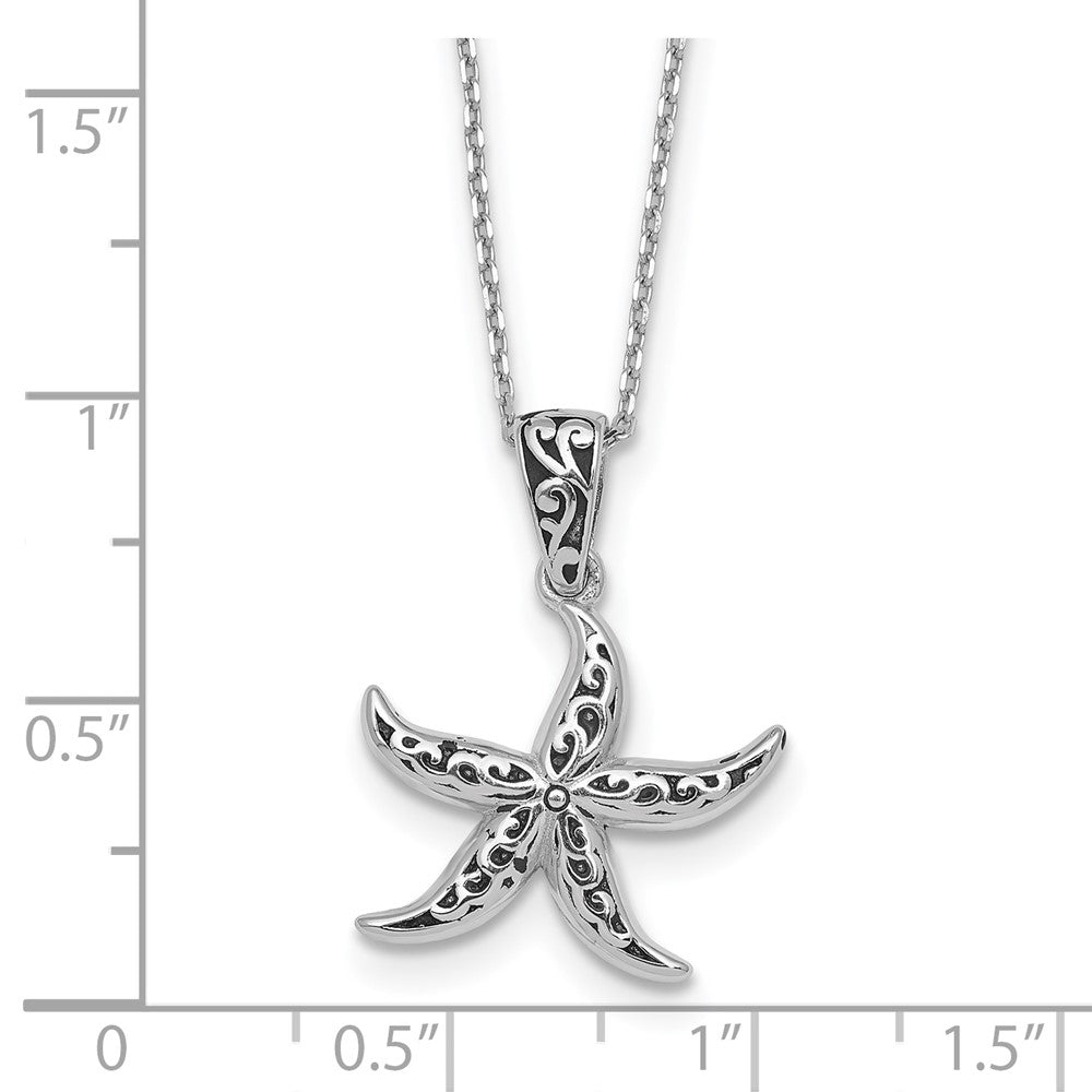 Sterling Silver RH-plated Polished/Oxidized Filigree Starfish 18in Necklace