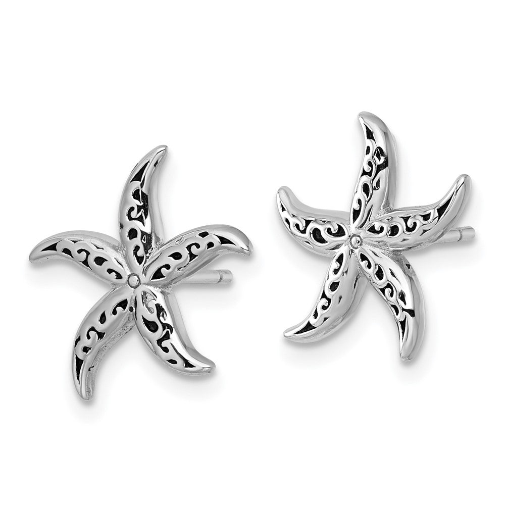 Sterling Silver RH-plated Polished/Oxidized Filigree Starfish Post Earrings
