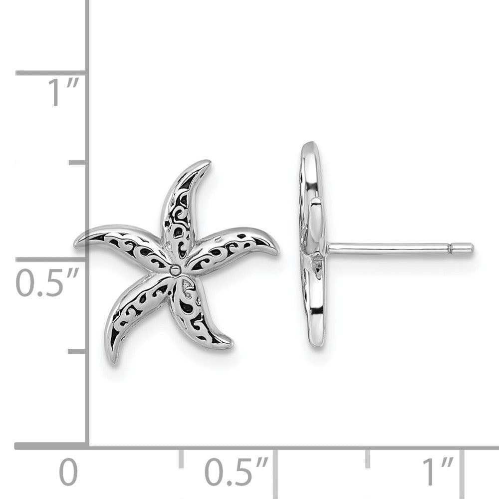 Sterling Silver RH-plated Polished/Oxidized Filigree Starfish Post Earrings
