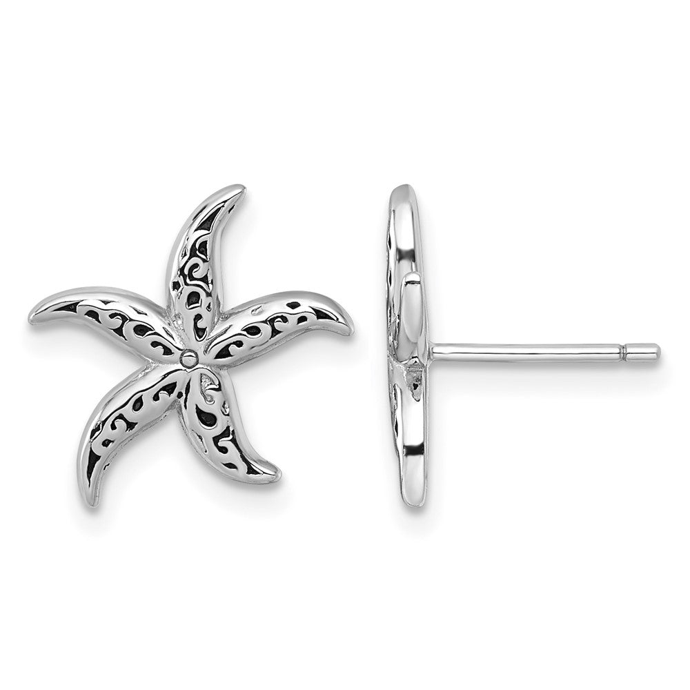 Sterling Silver RH-plated Polished/Oxidized Filigree Starfish Post Earrings