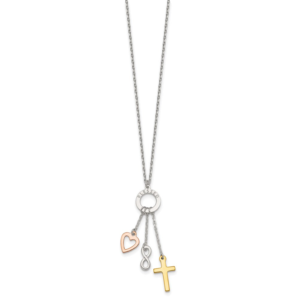 SS Gold and Rose-tone Heart Infinity and Cross BLESSED Necklace