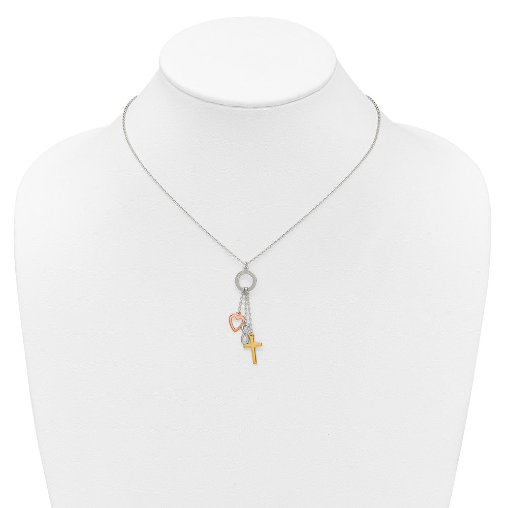 SS Gold and Rose-tone Heart Infinity and Cross BLESSED Necklace