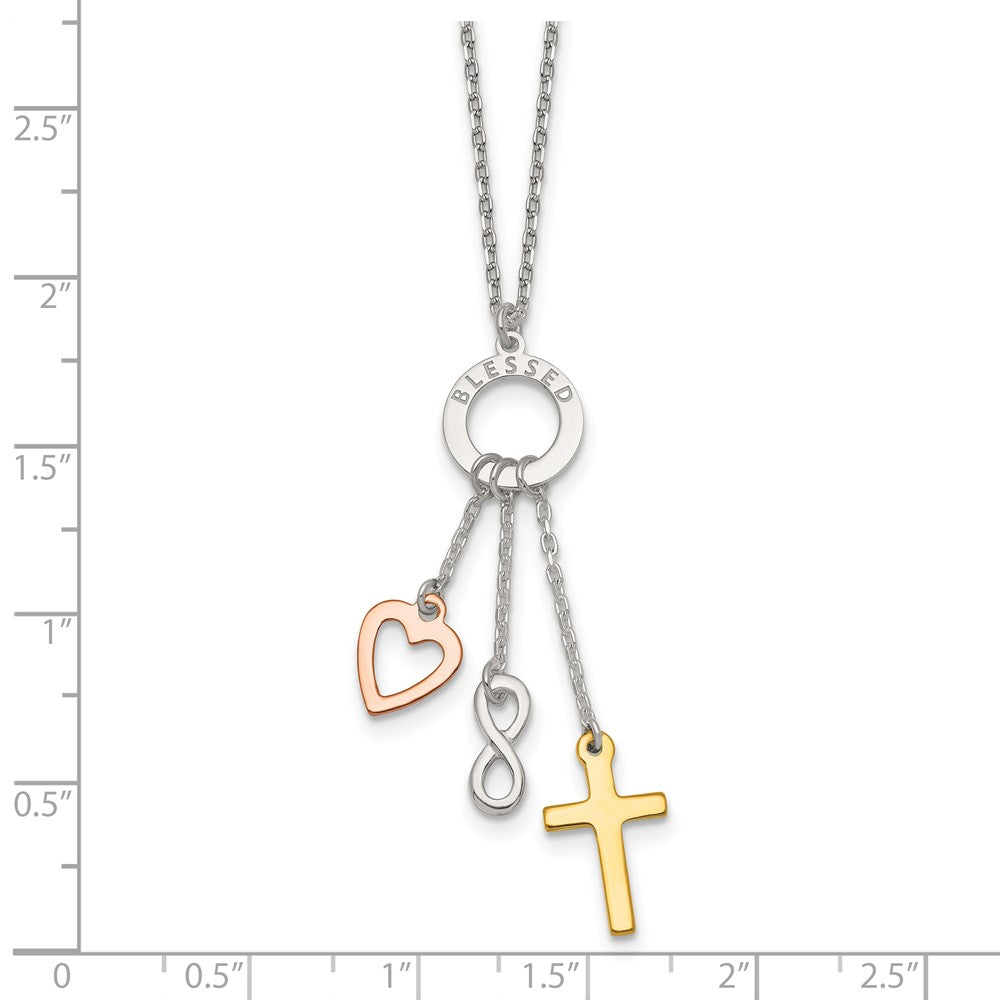 SS Gold and Rose-tone Heart Infinity and Cross BLESSED Necklace