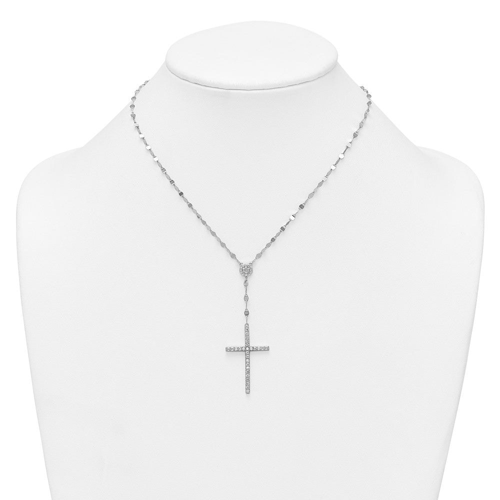 Sterling Silver RH-plated Polished CZ Cross 16in w/2in Ext Necklace