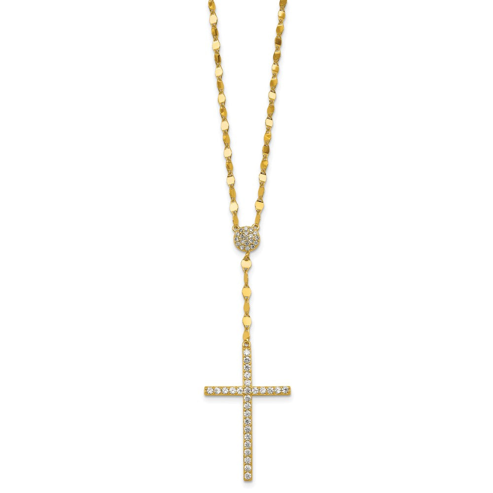 Sterling Silver Gold-tone Polished CZ Cross 16in w/2in Ext Necklace