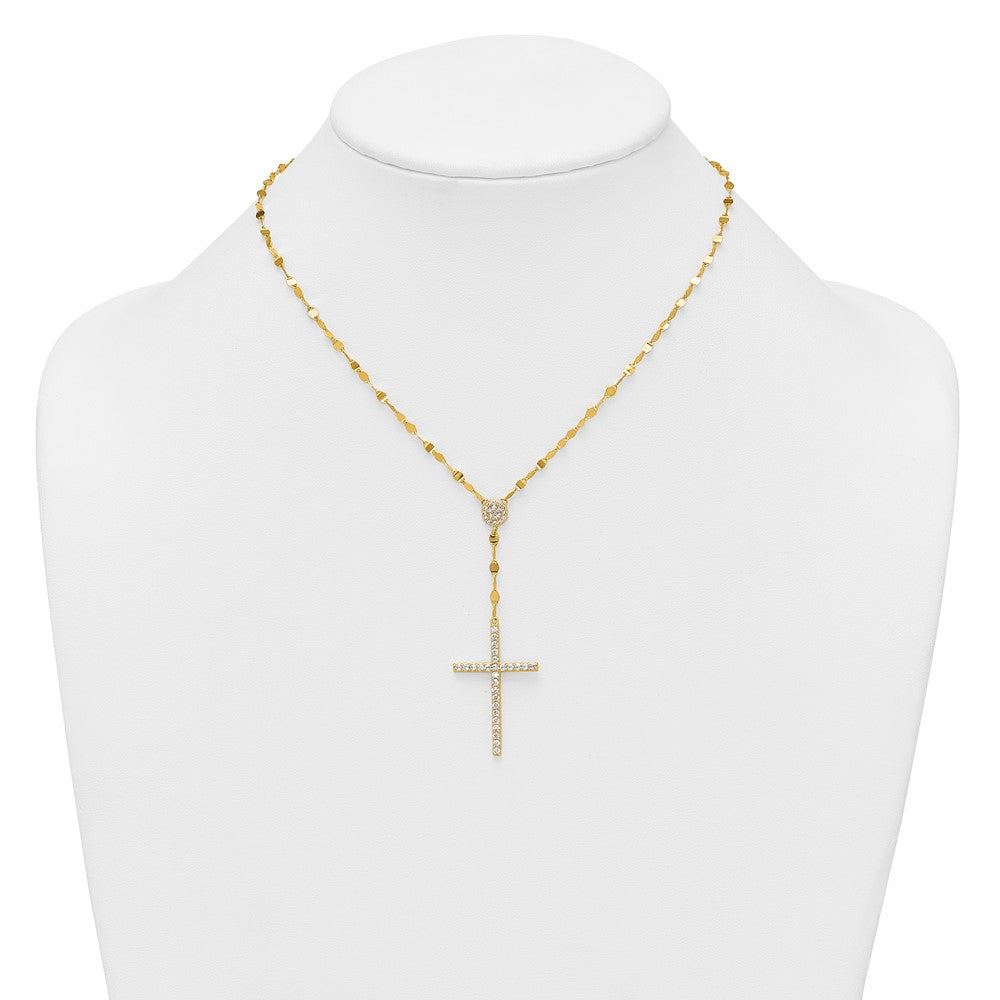 Sterling Silver Gold-tone Polished CZ Cross 16in w/2in Ext Necklace