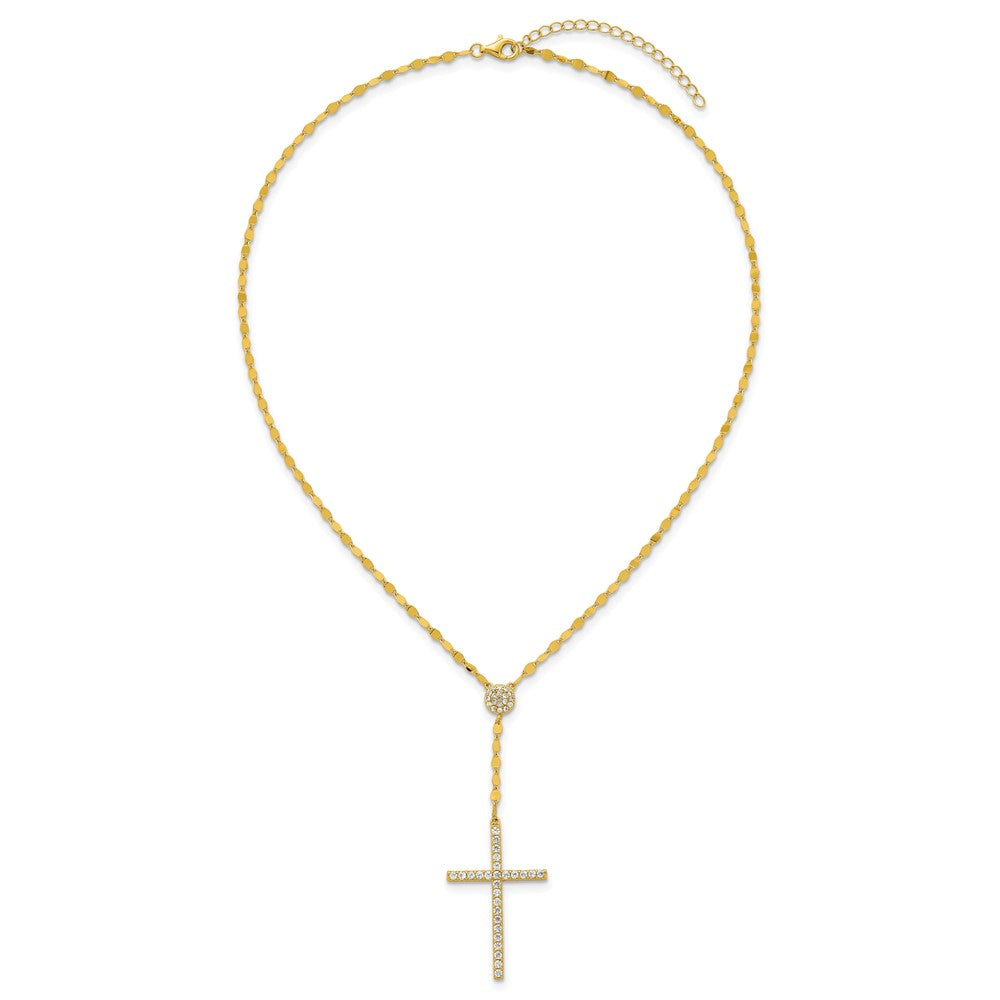 Sterling Silver Gold-tone Polished CZ Cross 16in w/2in Ext Necklace