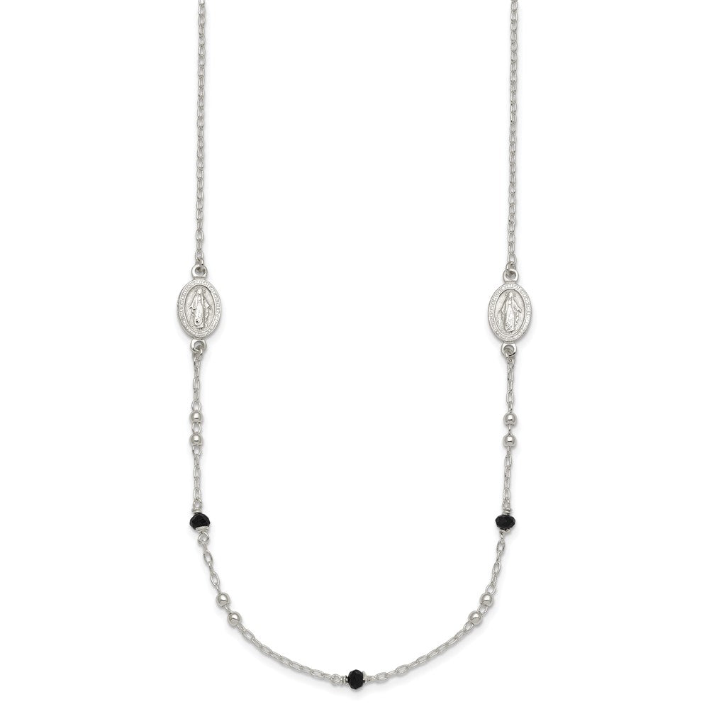 Sterling Silver Textured Black Glass Beads Miraculous Medal Necklace