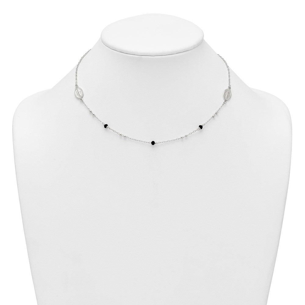 Sterling Silver Textured Black Glass Beads Miraculous Medal Necklace