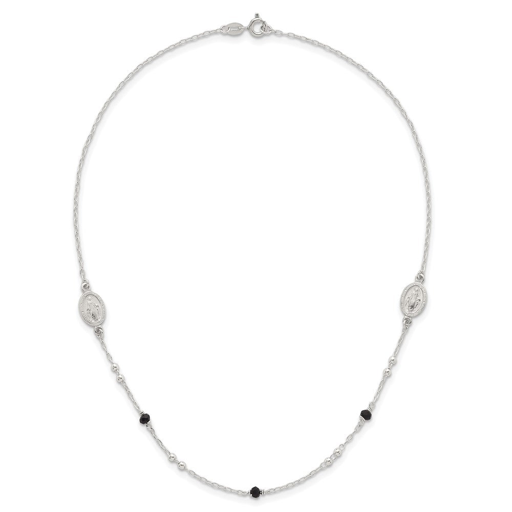 Sterling Silver Textured Black Glass Beads Miraculous Medal Necklace