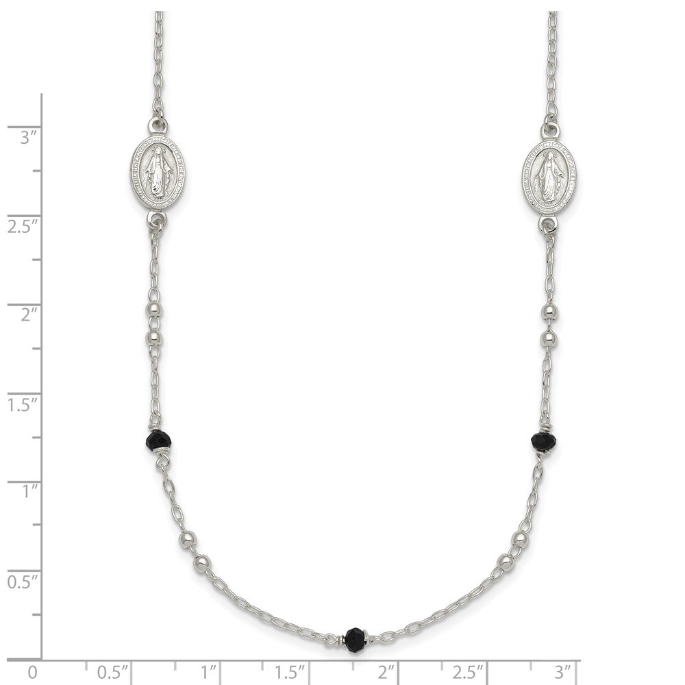 Sterling Silver Textured Black Glass Beads Miraculous Medal Necklace