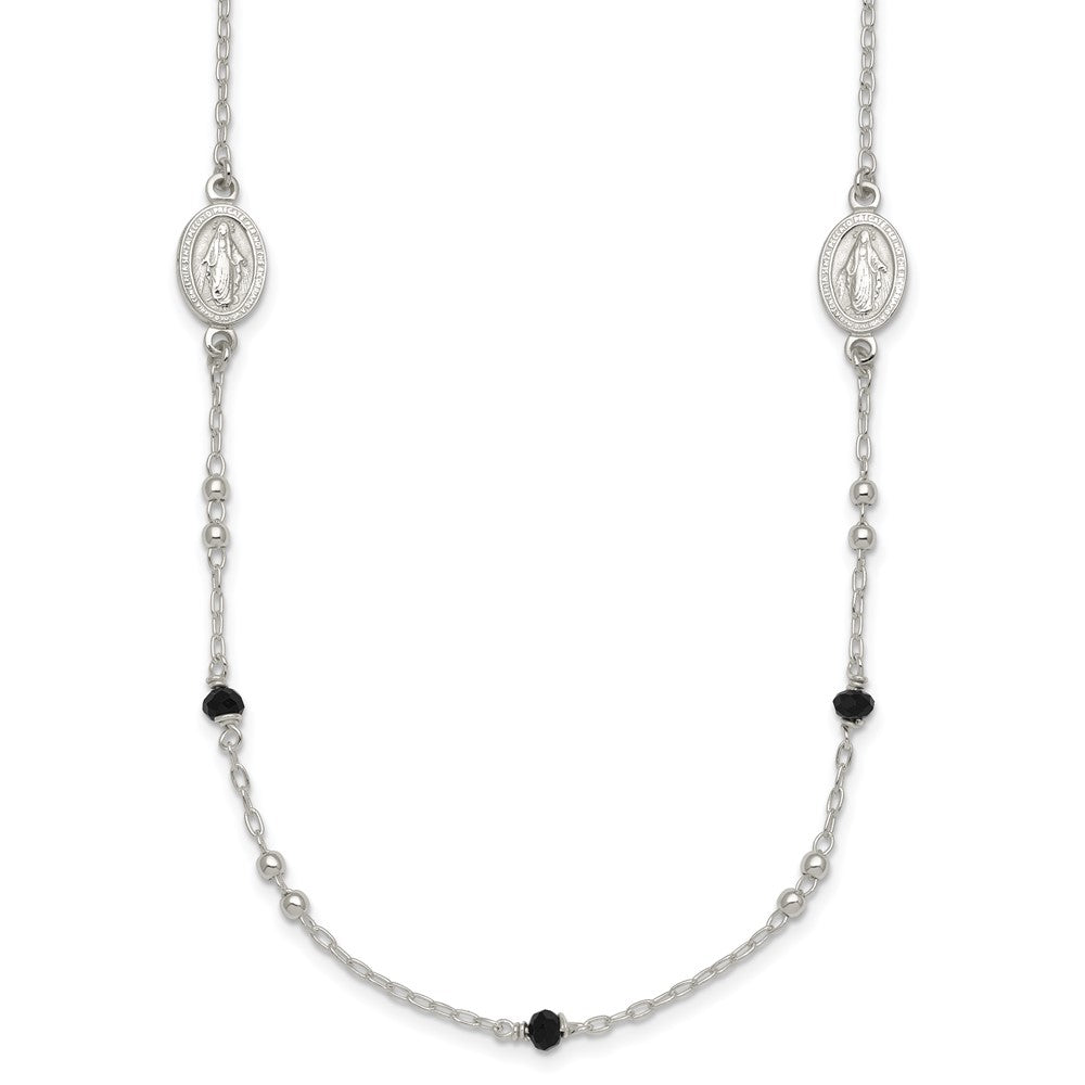 Sterling Silver Textured Black Glass Beads Miraculous Medal Necklace
