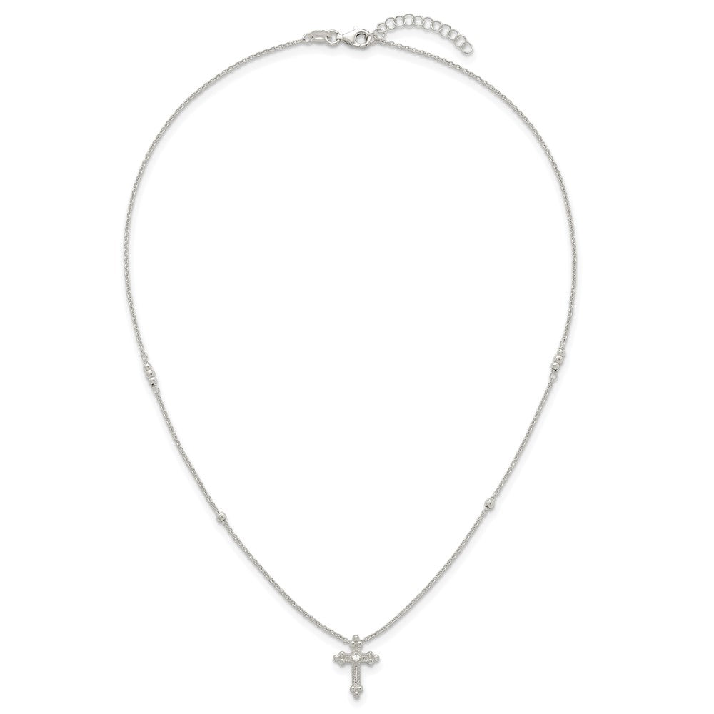 Sterling Silver Polished and Beaded CZ Cross w/ 1in Ext Necklace