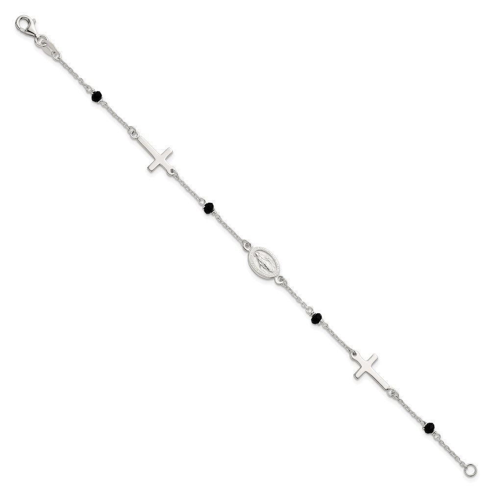 Sterling Silver Black Glass Beads Rosary Themed Bracelet