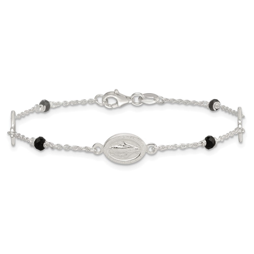 Sterling Silver Black Glass Beads Rosary Themed Bracelet