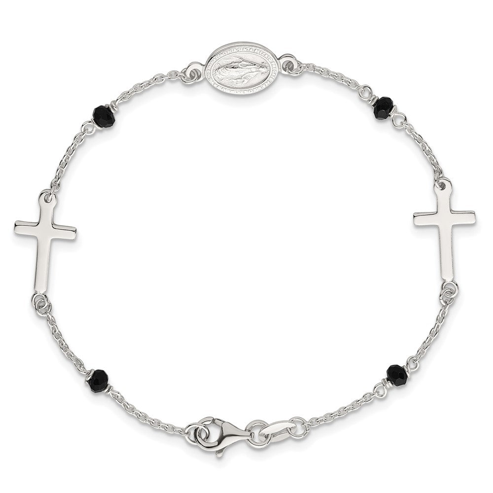 Sterling Silver Black Glass Beads Rosary Themed Bracelet