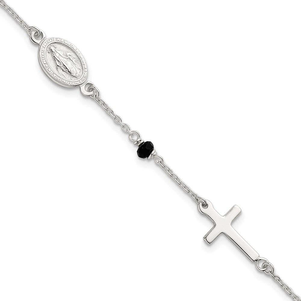 Sterling Silver Black Glass Beads Rosary Themed Bracelet