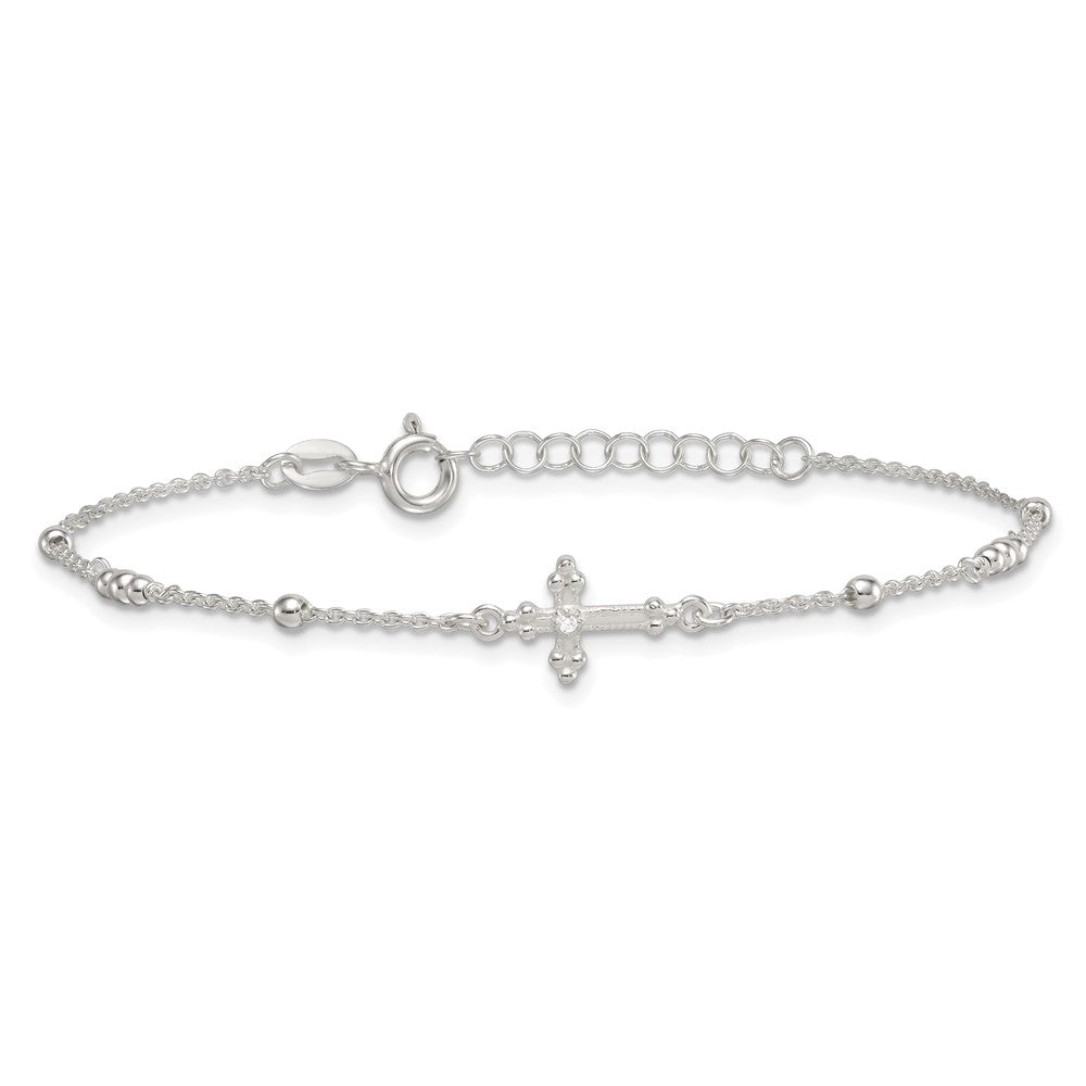 Sterling Silver Polished and Beaded CZ Cross w/ 1in Ext Bracelet
