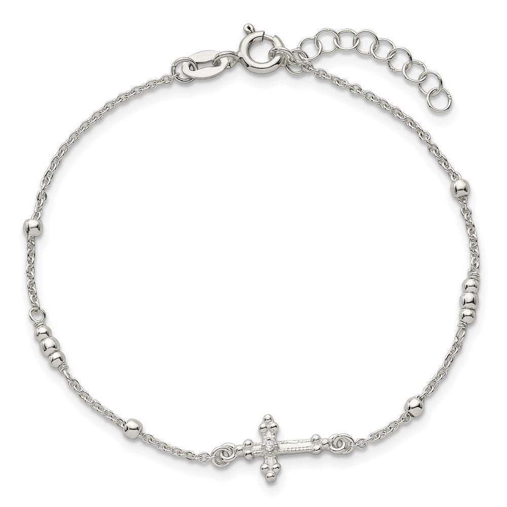 Sterling Silver Polished and Beaded CZ Cross w/ 1in Ext Bracelet